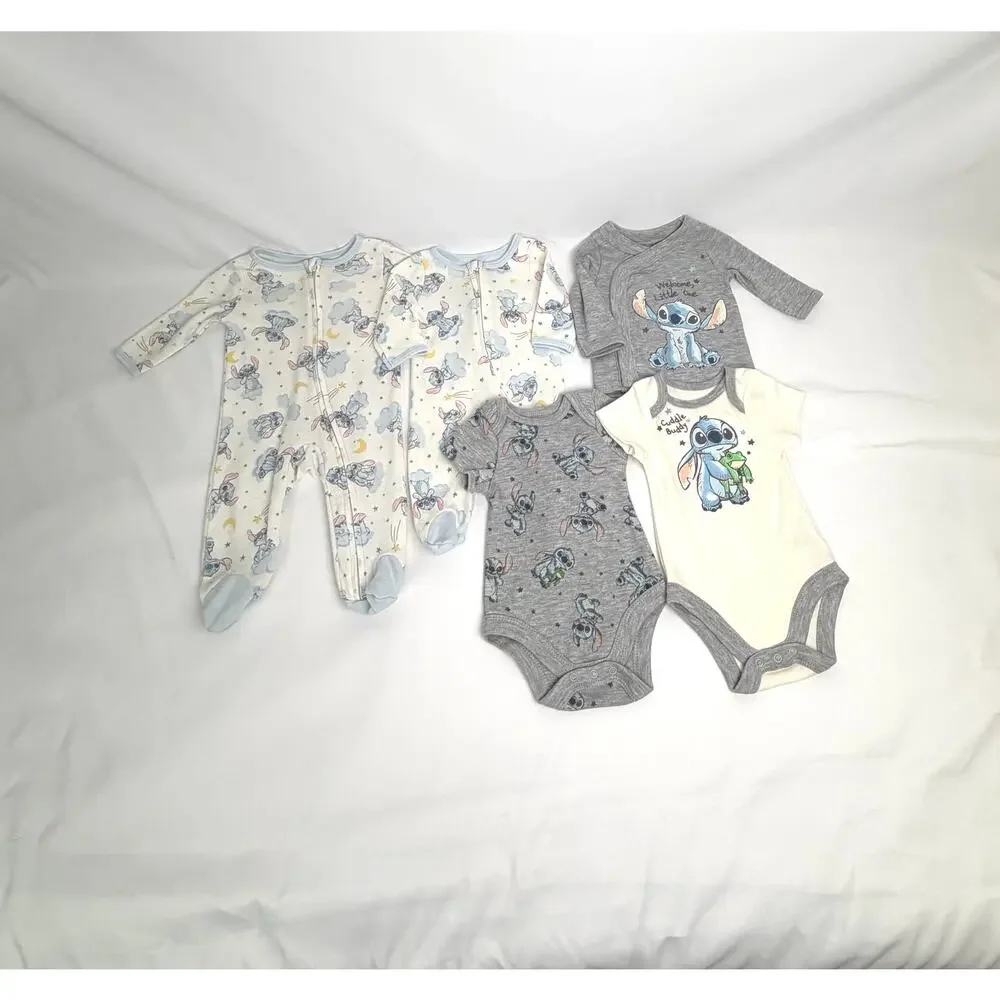 Disney Baby Stitch 6 Pc Newborn Outfit Lot Bodysuits Sleepers 0-3M EUC Disney